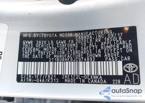 2018 Toyota Corolla Le from USA, damaged, VIN 2T1BURHE9JC974892